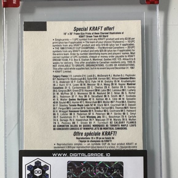 1986-87 Kraft Hockey Drawing Patrick Roy RC #61 pre graded: 9 - Picture 2 of 3